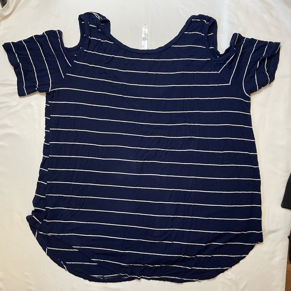 Love Charm size XL navy blue and whites striped open shoulder blouse - Picture 3 of 4